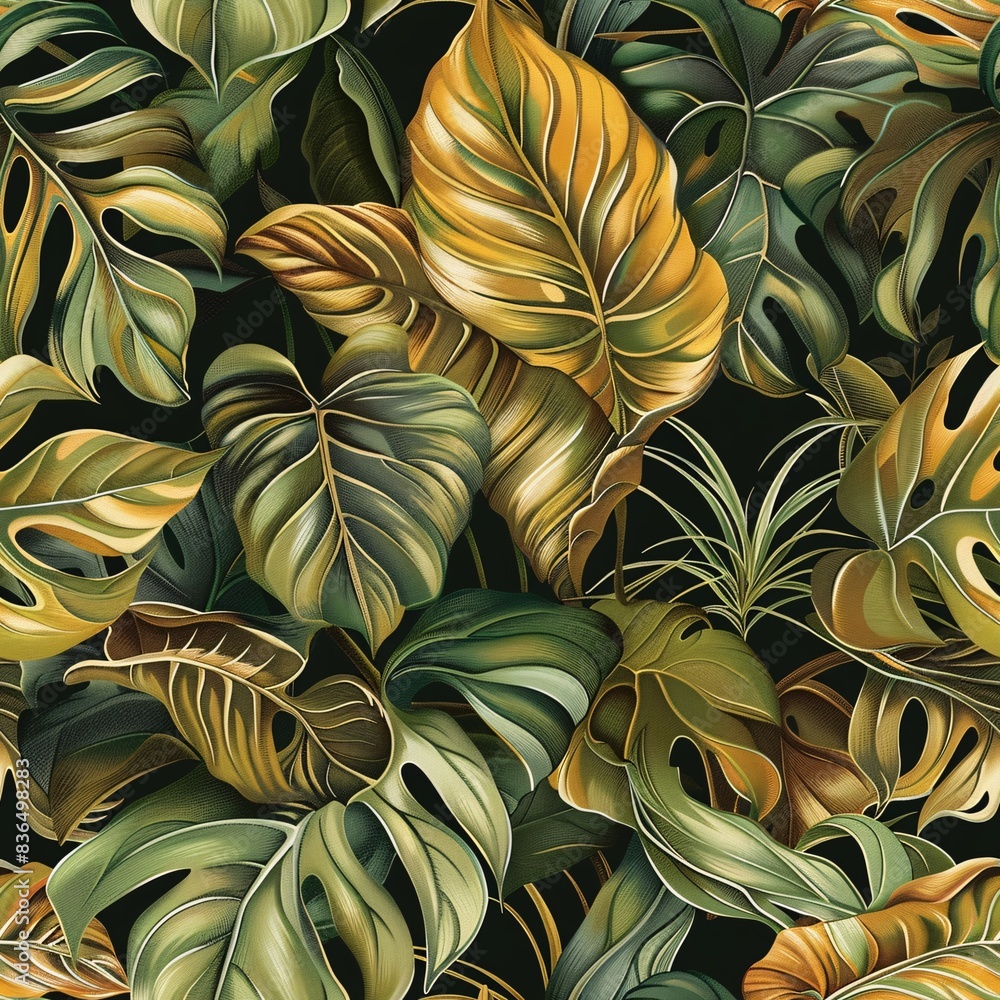 Aufkleber a seamless pattern of various exotic leaves, harmoniously blended to create an intricate and continu