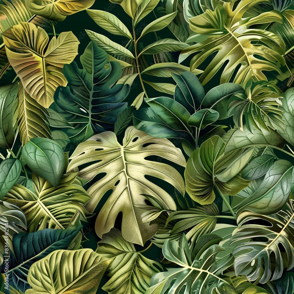 Aufkleber a seamless pattern of various exotic leaves, harmoniously blended to create an intricate and continu