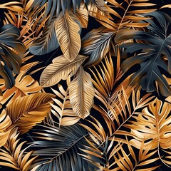 A seamless pattern of various exotic leaves, harmoniously blended to create an intricate and continuous layout with a natural aesthetic