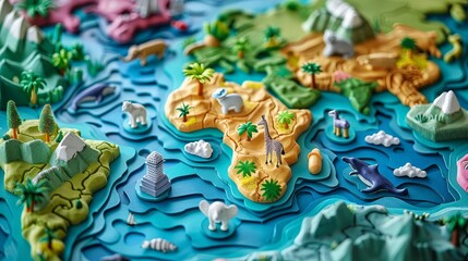 Detailed plasticine 3D map with each continent in a different bright color, decorated with miniature animals and landmarks