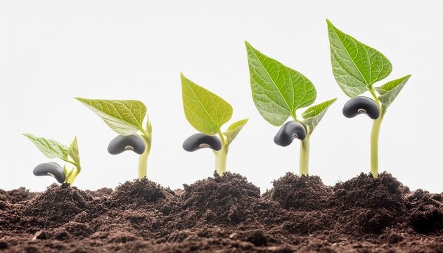 Brote de planta de caraota negra joven que crece a partir del suelo aislado sobre fondo blanco