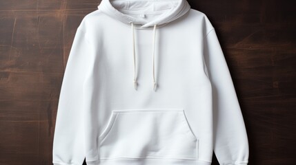 A white hoodie with a white hood and a white logo on the front