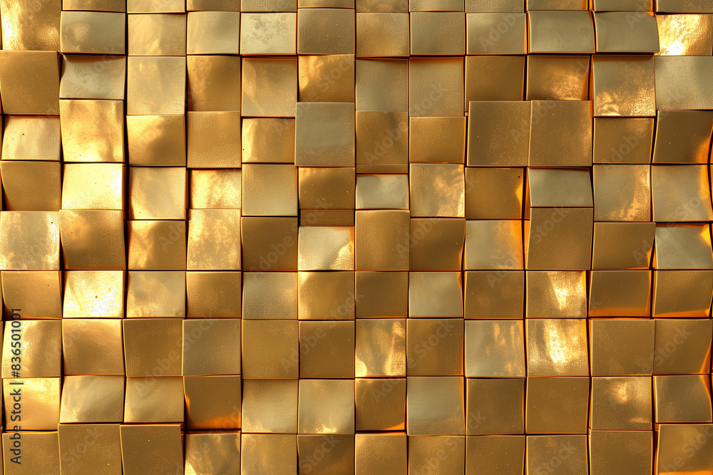 Poster 3d rendering. seamless golden small square shape tiles block wall background.


