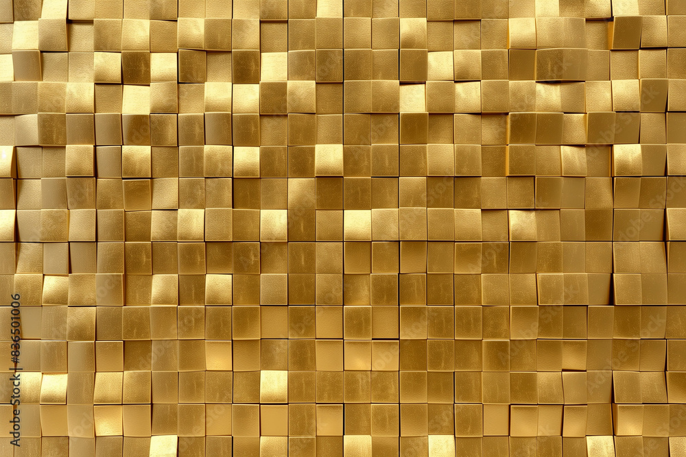 Poster 3d rendering. seamless golden small square shape tiles block wall background.


