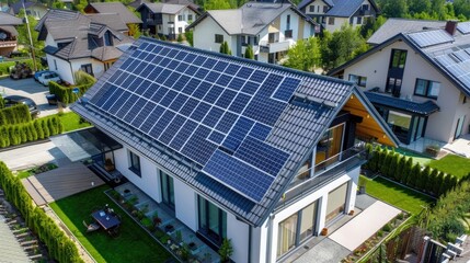 High angle view of black solar panels on the roof of modern home in suburban neighborhood, California, USA. , High quality photo.