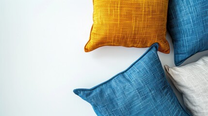A row of pillows with blue, yellow and white colors