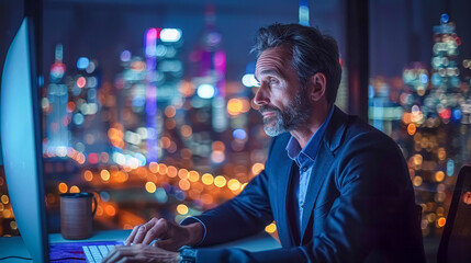 Businessman Working Late: Focused Night Office Scene