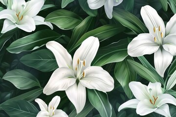 White lilies flowers with leaves. Floral background.