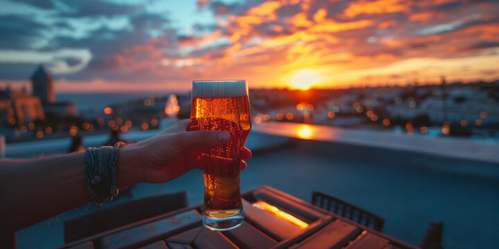 Construction Worker Toasts to Completed Skyscrape,Labor Day Celebration, blurred background,golden hour,sunset - Powered by Adobe