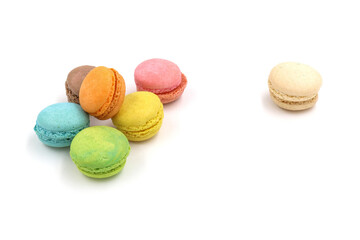 Sweet colorful macarons isolated on white background. Tasty colourful macaroons.