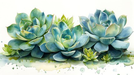 Beautiful watercolor painting of blue and green succulents with a fresh, natural appeal. Perfect for botanical decor and nature themes.