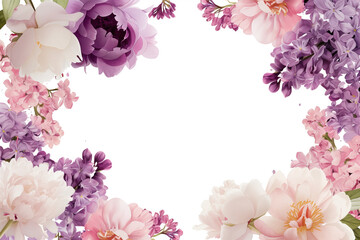 Fototapeta premium Frame with watercolor flowers. Peonies of lilacs. Garland of flowers. Wedding invitation. Postcard.