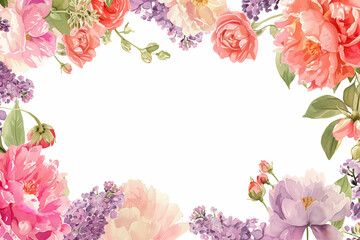 Frame with watercolor flowers. Peonies of lilacs. Garland of flowers. Wedding invitation. Postcard.


