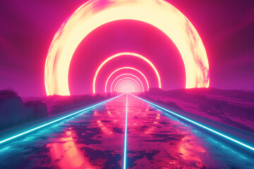 Neon 80s styled massive gate in retro game landscape with shiny road


