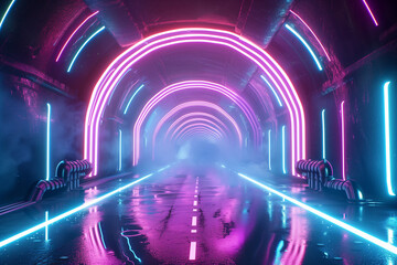 Neon 80s styled massive gate in retro game landscape with shiny road


