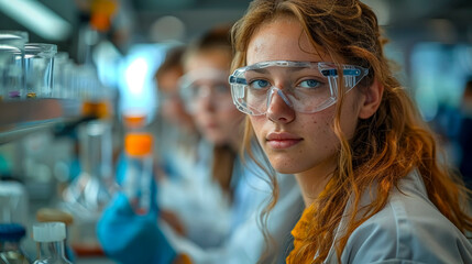 Fototapeta premium Science Lab Experiment: Students Conducting Experiments in Lab