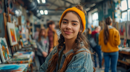 Obraz premium Art Class Creativity: Students Painting and Drawing in Art Studio