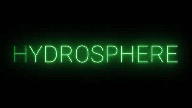 Flickering glowing green neon Hydrosphere sign animated black background