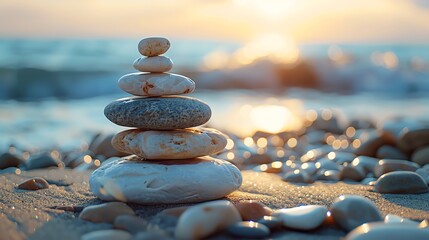 Stone stack in a garden with flowers and sunlight