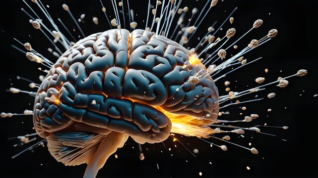 Concept art of a human brain exploding with knowledge and creativity. 