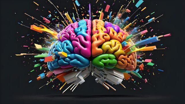 Concept art of a human brain exploding with knowledge and creativity. 