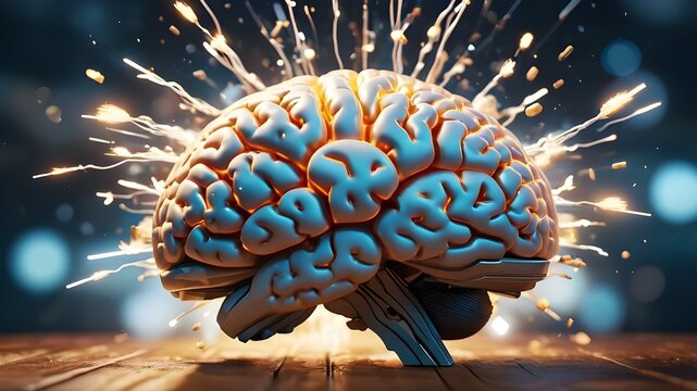 Concept art of a human brain exploding with knowledge and creativity. 