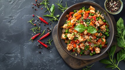 Delicious and healthy stir-fry with chicken, vegetables, and sesame seeds.