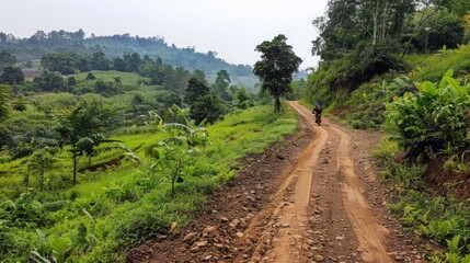 A man is riding a bike on a dirt road in a lush green forest