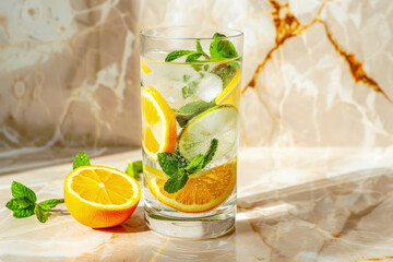 Sparkling Water With Vibrant Garnishes, Lemon Slices, Mint Leaves, Ice Cubes In Tall Glass
