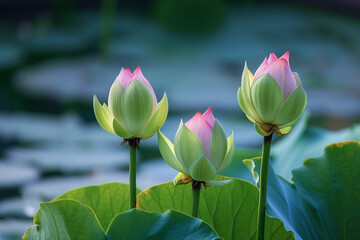 Obraz premium An image of three lotus buds that will bloom soon in the middle of a lotus pond covered with dense lotus leaves in a clear pond can be used as an illustration.