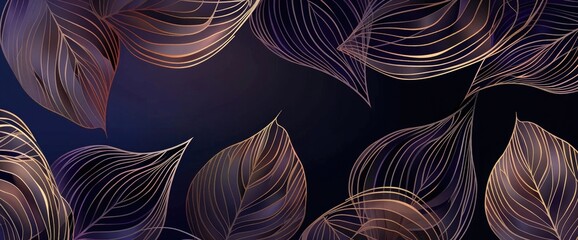 Luxury background with elegant line art of leaves, vector illustration. Hand drawn wavy lines,...