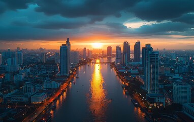 Fototapeta premium Stunning city skyline at sunset with dramatic clouds and river reflections, capturing the vibrant urban landscape and natural beauty.