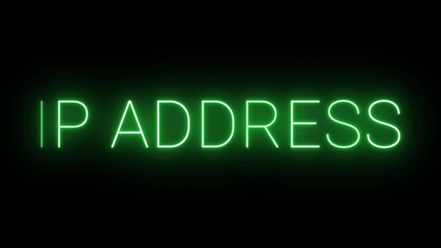 Flickering glowing green neon IP Address sign animated black background