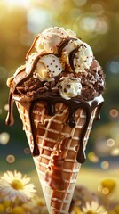 Chocolate and vanilla ice cream cone with toppings and melted chocolate, close-up. Dessert and summer treat concept