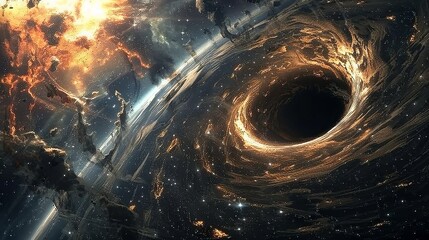 a black hole with surrounding stars and light being bent by its gravity