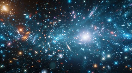 a distant galaxy cluster with hundreds of galaxies in various shapes and sizes
