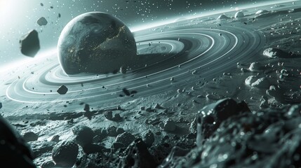 a planet with rings surrounded by moons and asteroids