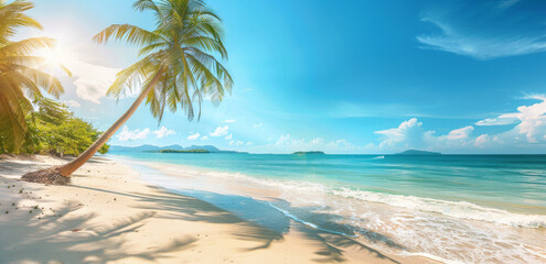 Fototapeta premium A beautiful tropical beach with palm trees and a clear blue sky. The sun is shining over the ocean in a summer vacation background.