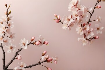 A branch of pink cherry blossoms, sakura, with light pink background