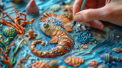 Naklejka premium Crafting a plasticine ocean scene, close-up on creating a dolphin leaping from the waves with lifelike detail