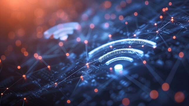 A blue and orange wifi symbol is displayed on a blue background. The wifi symbol is surrounded by a network of lines, creating a sense of connectivity and communication