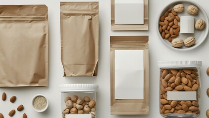 Symmetrical flat lay of assorted nut packaging with blank labels