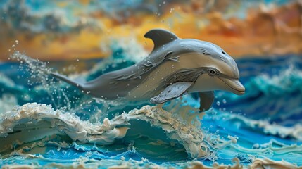 Crafting a plasticine ocean scene, close-up on creating a dolphin leaping from the waves with lifelike detail