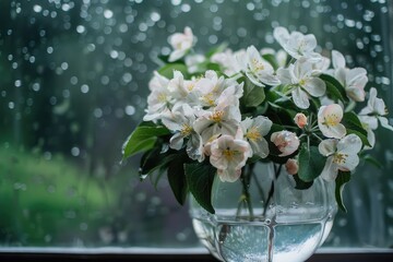 In a transparent vase there is a bouquet with white apple blossoms around a lot of greenery and drizzling rain.