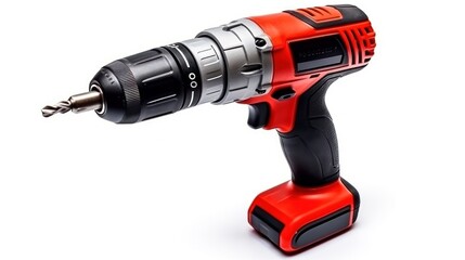 A red and black power drill with a black handle