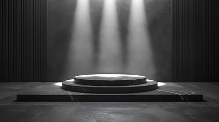 Obraz premium Modern podium background with sleek, minimalist design. Monochrome color scheme with soft spotlights illuminating the podium