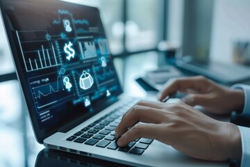 Merchants use laptop and online shopping ICONS for shopping bags with money bags, online shopping concepts,