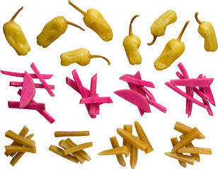 a premium isolated cutout image of marinated jalapeños, purple turnips and marinated pickles for Lebanese fast food