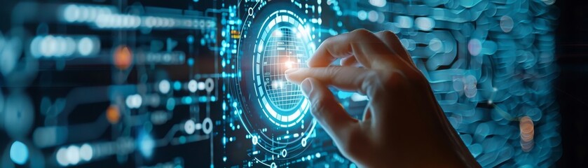 Glowing blue circuit board with a hand touching it.