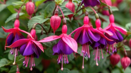 Fuchsia blooms in shades of pink and purple Tom Thumb fuchsia featuring dark pink and purple flowers